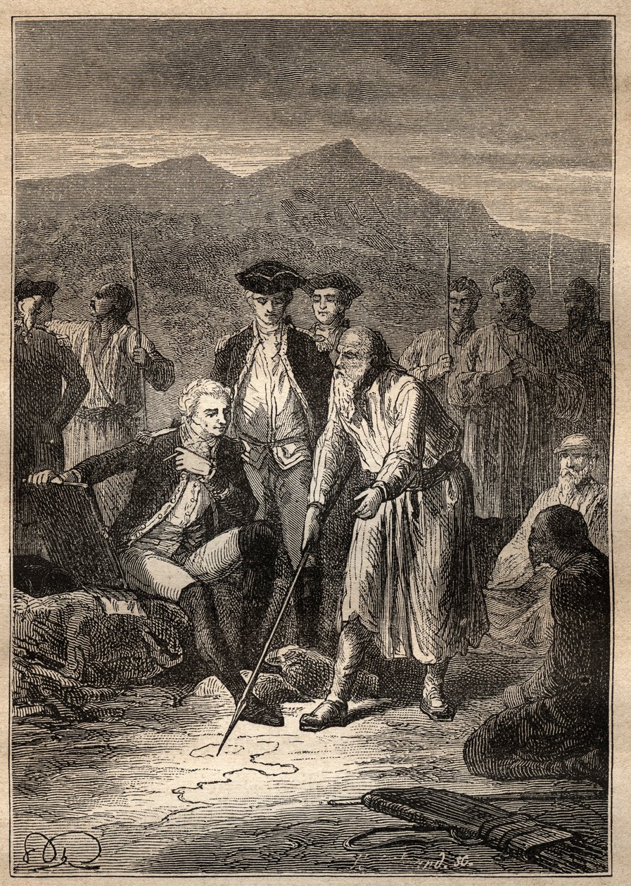 Jean Francois Galaup de La Perouse (1741-1788)の世界一周遠征（1785-1788）：サガリアン島（Sakhaline）に上陸した船員たちは、タルタリアの地図を描いてくれた老人に出会う-イラストは「The Great Mariners of 18 cent」より引用 作： 無名の画家