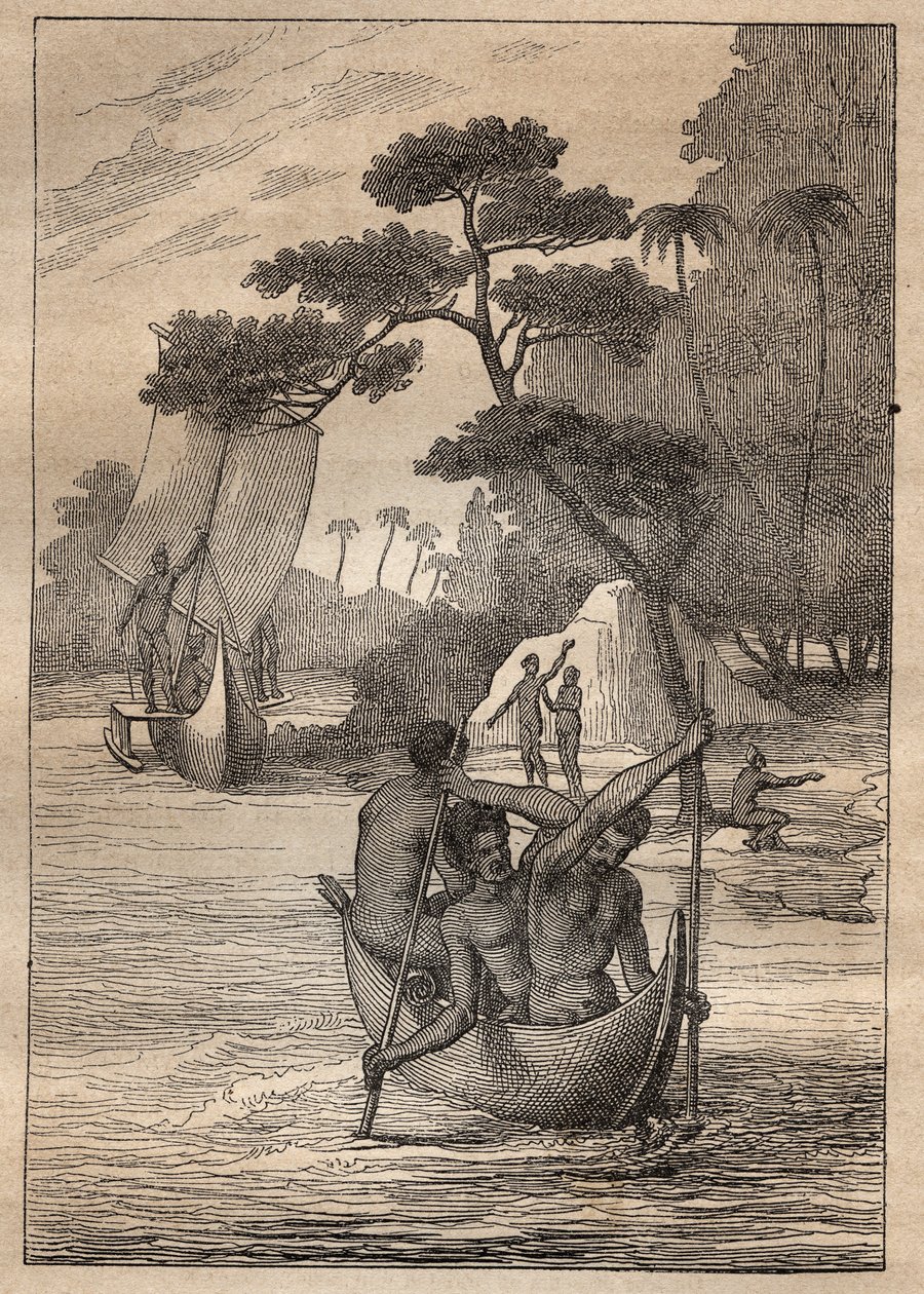 Nicolas Thomas Marion-Dufresne (Marion Dufresne) (1729-1772)の遠征：アドミラウト諸島（ビスマルク群島、パプアニューギニア）のカヌー - 図版は "The Great Mariners of 18 century "から引用。 作： 無名の画家