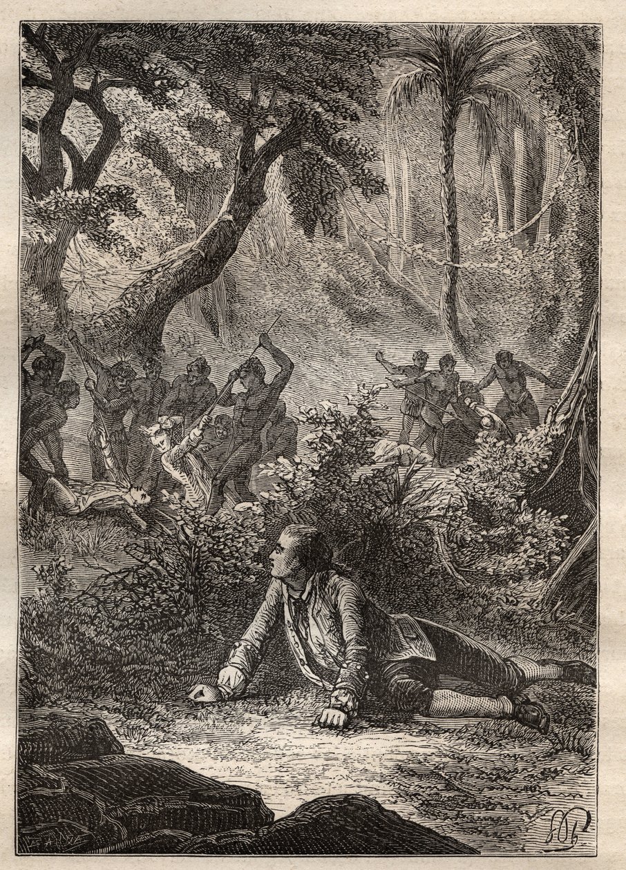 Nicolas Thomas Marion-Dufresne (Marion Dufresne) (1729-1772)の遠征：Assassins Bay (Matuaro Island, New Zealand)で原住民によってMarionを含む仲間全員が虐殺されるのを目撃した唯一の生き残りの船員 - イラストは「The G. 作： 無名の画家