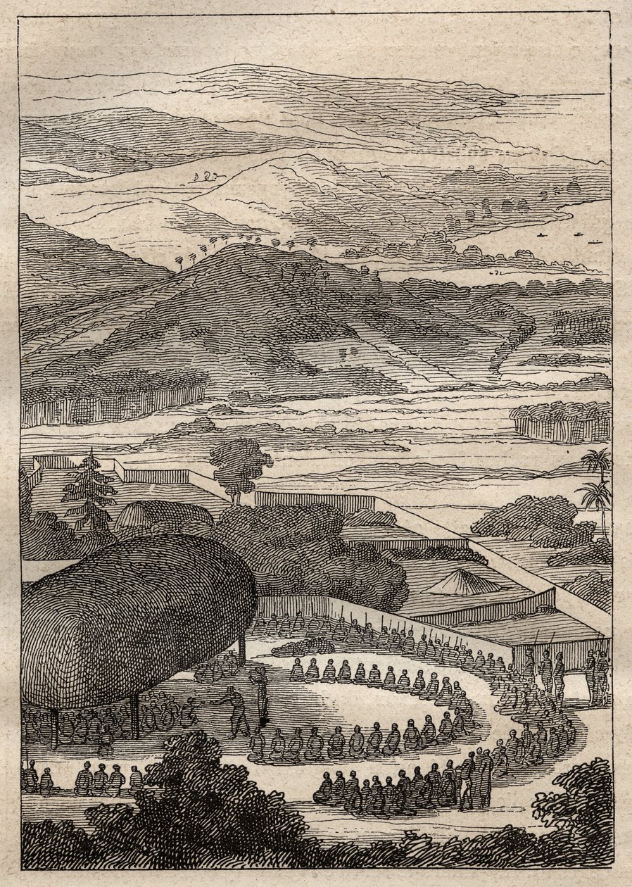 1791年、ジャン・フランソワ・ガラップ・ド・ラ・ペルーズ（1741-1788）を探したアントルカストー（1737-1793）の遠征：アミ島（トンガ王国、ポリネシア）でアントルカストーに与えられた祝祭 - 図版は「The Grands Mari」から引用。 作： 無名の画家