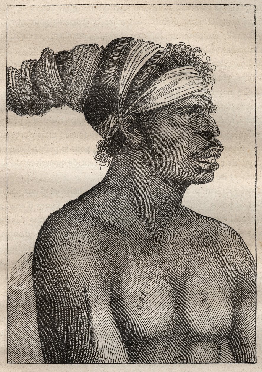 アントワーヌ・ブルーニ（Bruni）・ダントルカストー（1737-1793）の遠征で、1791年にジャン・フランソワ・ガラップ・ド・ラ・ペルーズ（1741-1788）を捜索：ニュー・ホランド（オーストラリア）のタイプ（腕と胸に瘢痕） - 図版は「The Grands Mariners of the Th. 作： 無名の画家