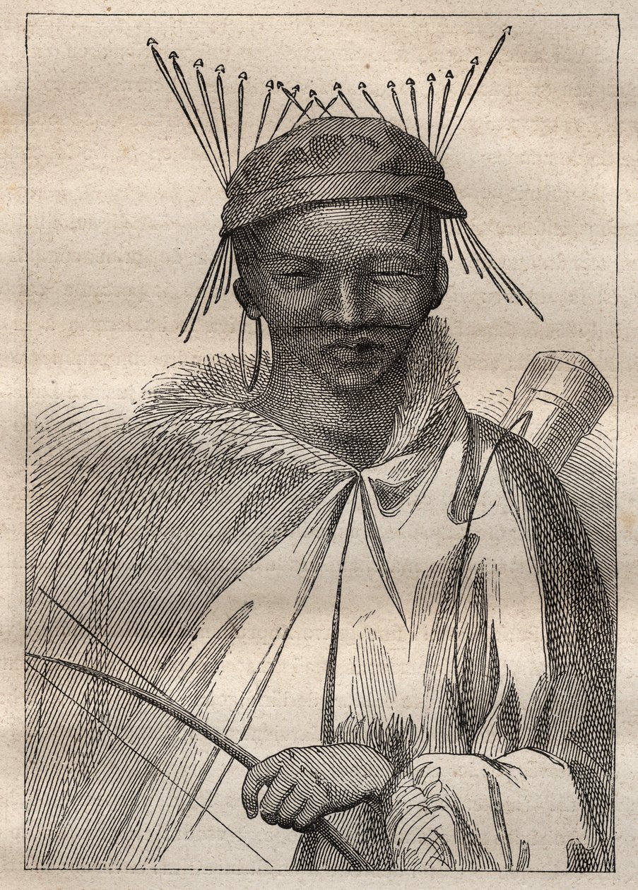 アンダース・スパルマン（1748-1820）による南アフリカ内陸部への遠征（1775年）：ボシマン（BochimanまたはSan、アフリカ南部の原住民） - 図版は "The Great Mariners of 18 century "より引用。 作： 無名の画家