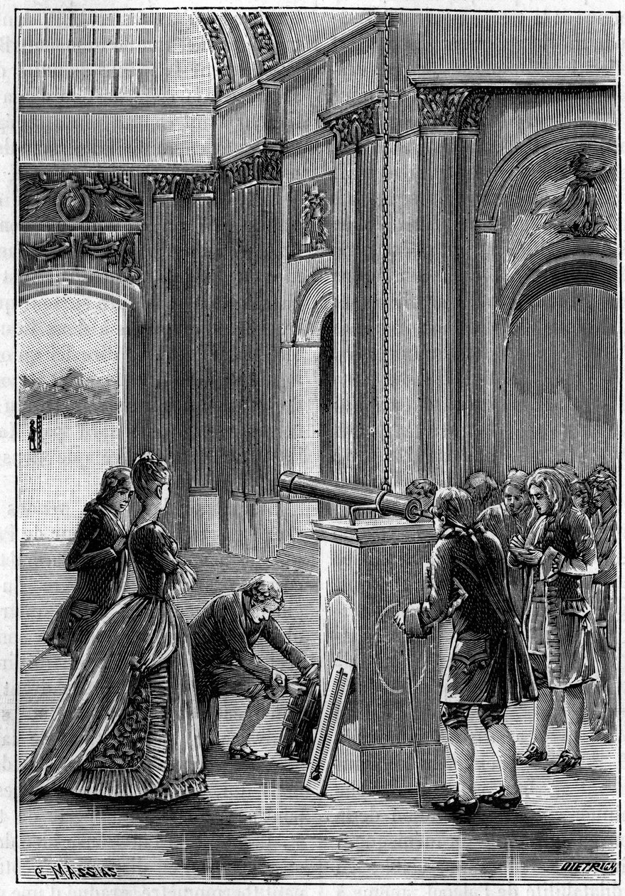 ピエール・ブジェ（1698-1758）がアンヴァリッドのドーム（パリ）で、熱による物体の膨張を実証した経験（1745年）。1895年4月27日の「La Nature: revue des sciences et de leurs applications aux arts et a l