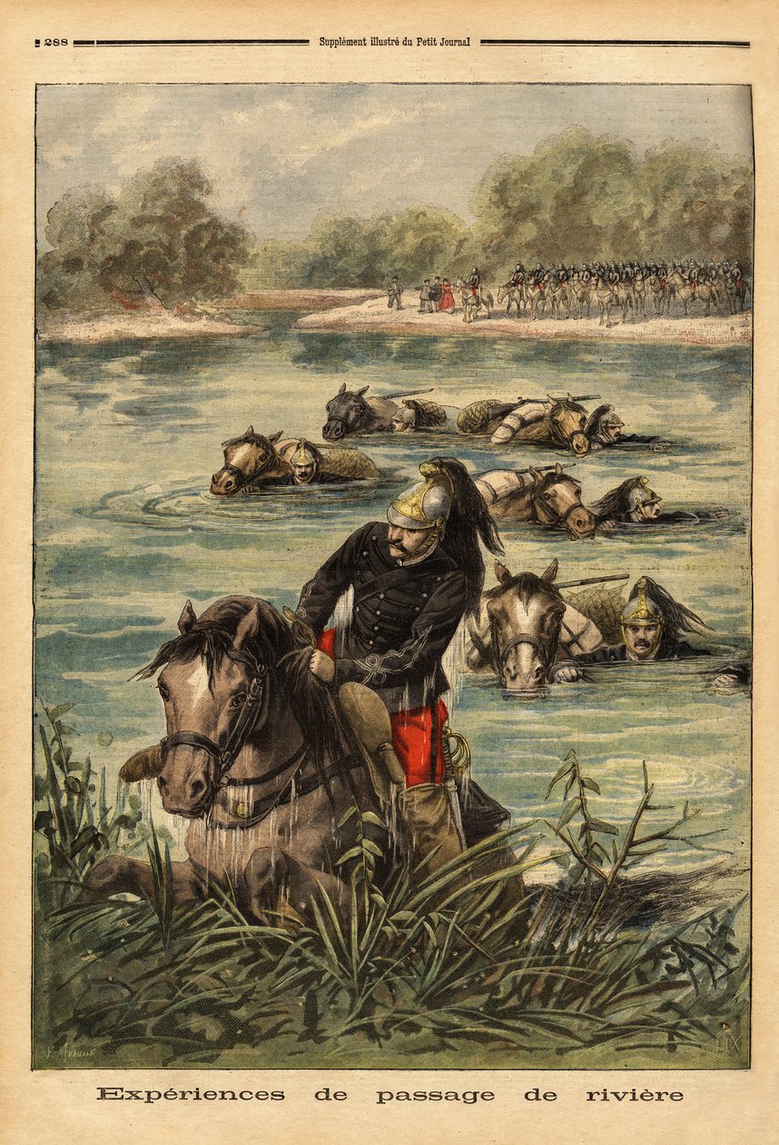 フォンテーヌブローでのドラゴン第7連隊による河川通過の体験。1896年6月9日の「Le petit journal」に掲載されたエングレーヴィング。セルバのコレクション。 作： 無名の画家