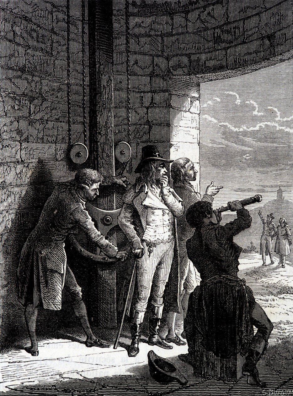 1793年7月12日、条約委員の前で行われたメニルモンタンからサン＝マルタン＝デュ＝テルトルまでのシャップ電信の実験 - ルイ・フィギエ著「産業の驚異」より 作： 無名の画家