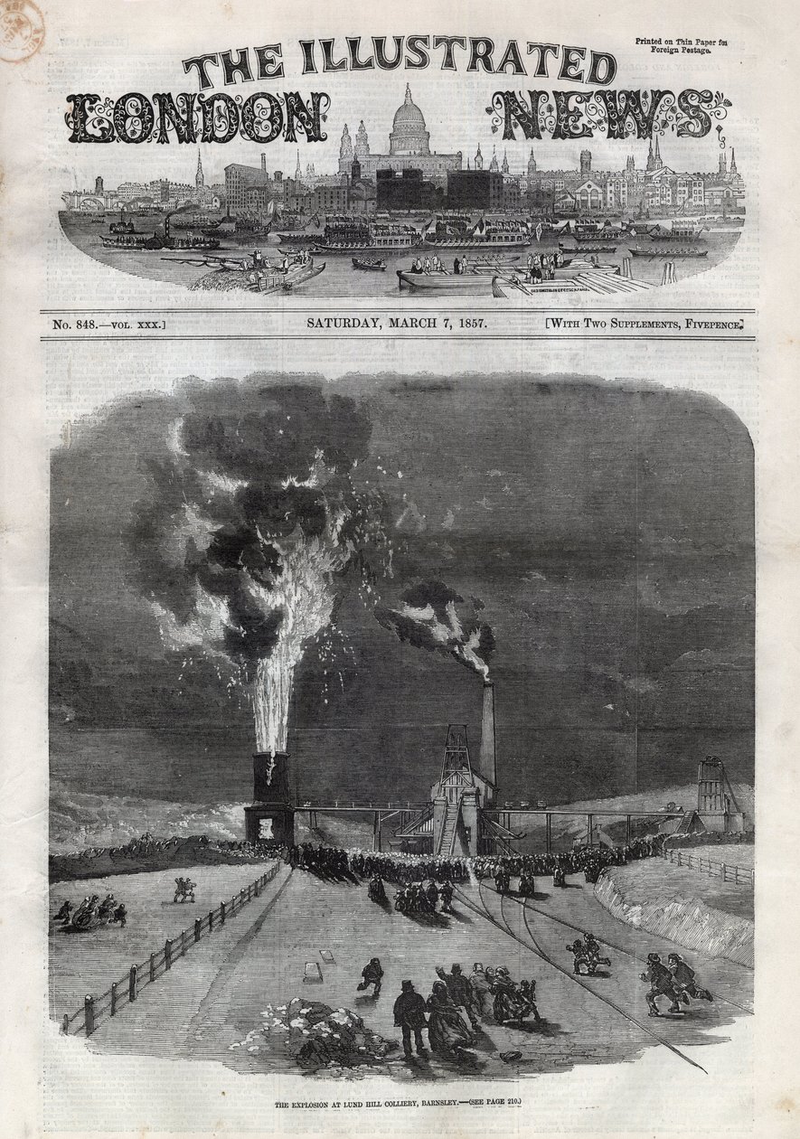 イギリス・バーンズリーのルンドヒル炭鉱（Lundhill）での爆発事故。ある新聞。3月7日付「The Illustrated London News」に掲載されたエングレーヴィング 作： 無名の画家