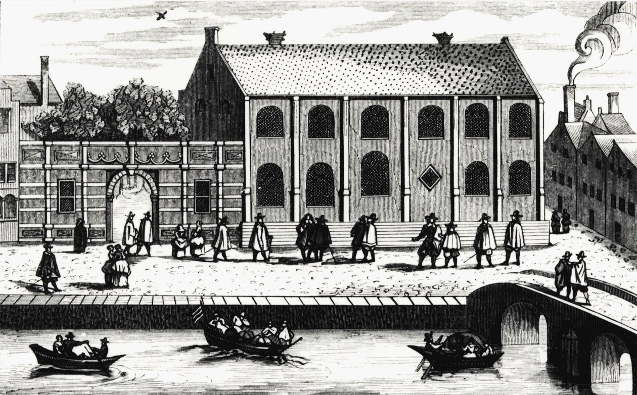 1575年にGuillaume de Nassauによって設立されたライデン大学の建物の外観図。"Illustrium Hollandiae, etc, Ordinum, Alma academia Leydensis "の後に描かれた版画。 作： 無名の画家