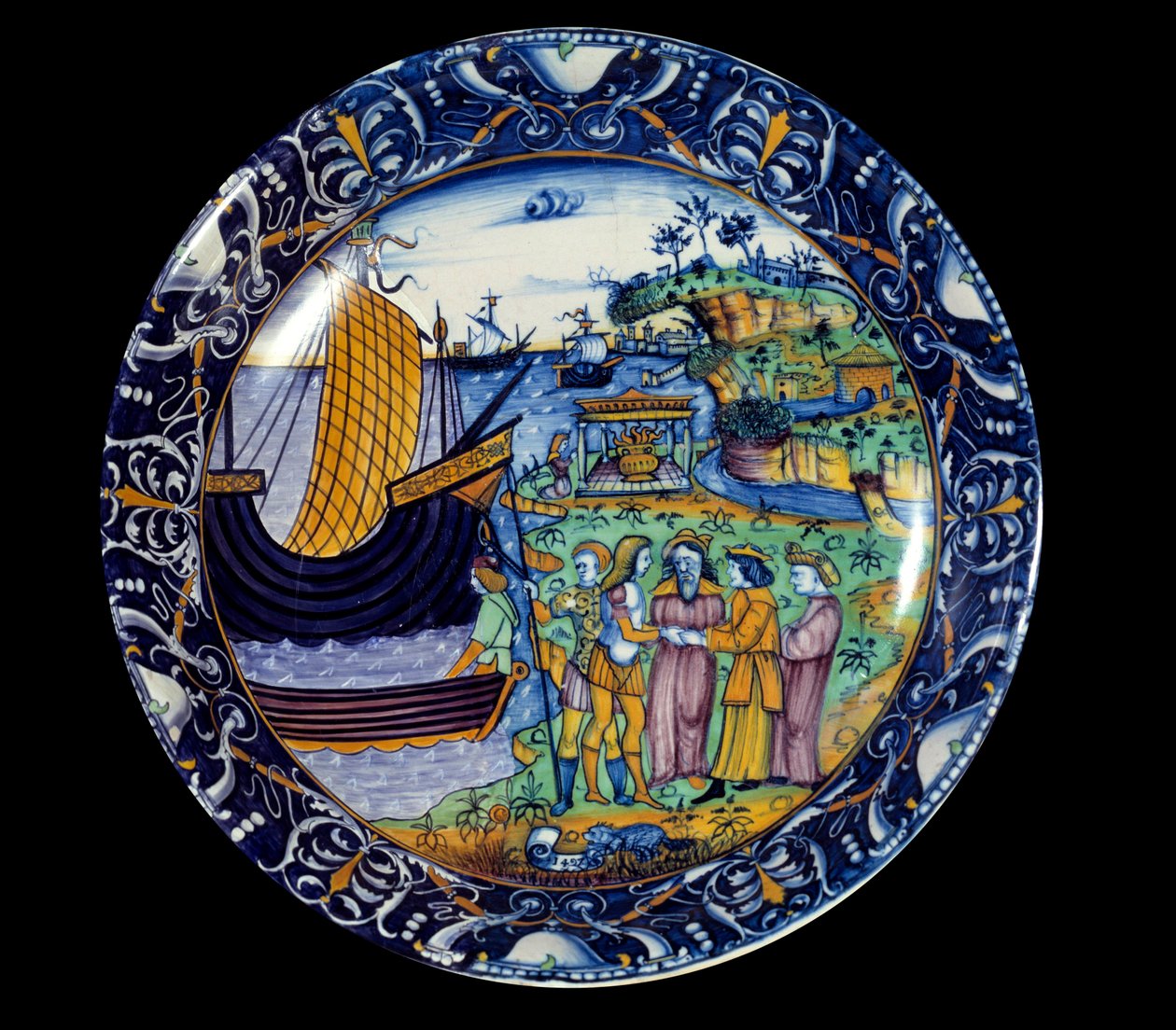 アリウス王に迎えられたエニーがデロスに到着した様子を表すファイアンスの皿。1497年 セーブル、国立ルネッサンス美術館 作： 無名の画家
