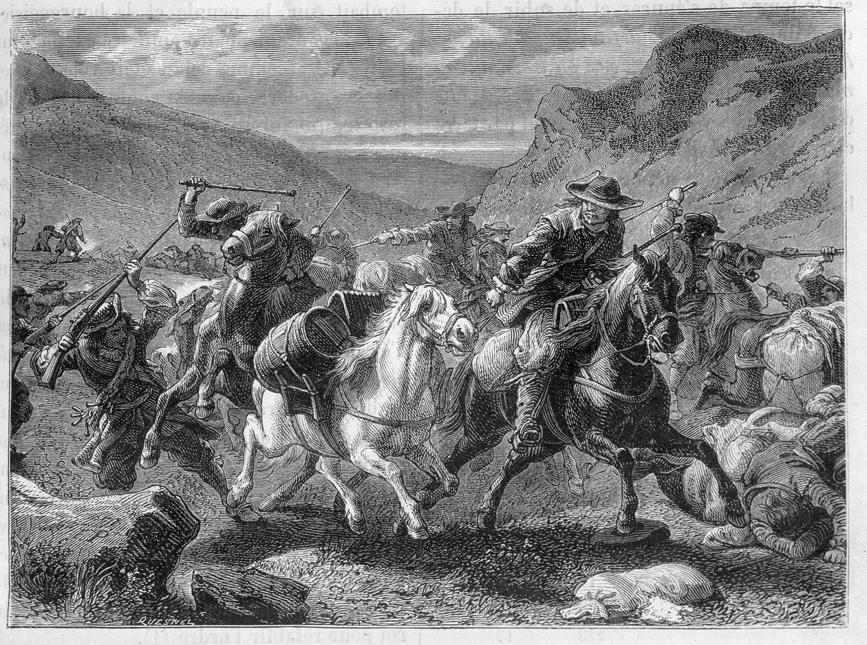 王の兵士の待ち伏せで襲われる偽サウニア（False sauniers）-ルイ・フィギエの「産業の驚異」にて 作： 無名の画家