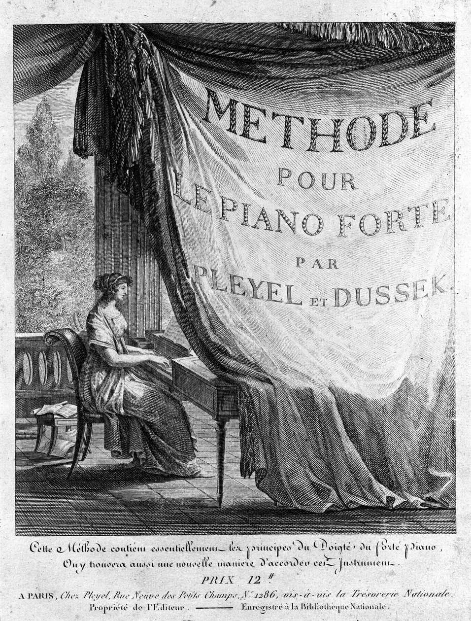イグナズ・プレイエル（1757-1831）とデュッセック（1760-1812）の著書「Methode pour le pianoforte」のタイトル（偽題）です。 作： 無名の画家
