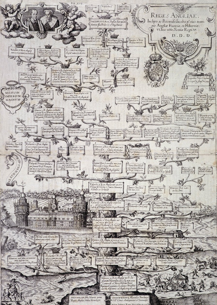 12世紀から17世紀までのイギリス王室の家系図 - エングレービング 作： 無名の画家