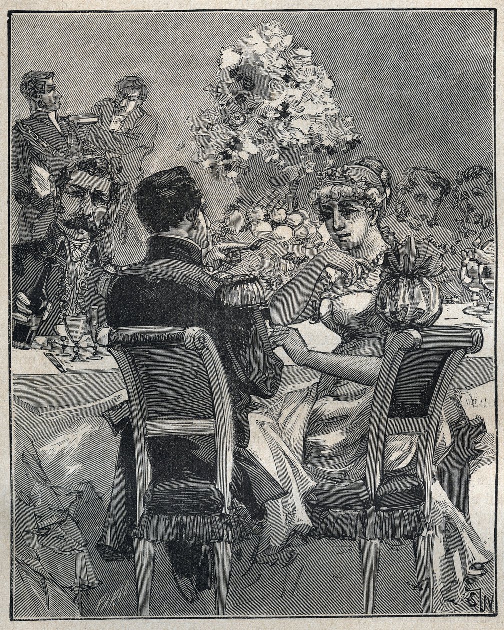 Berühmte Halsketten: Josephines Perlenkette. Konsul Napoleon Bonaparte fragt nach der Herkunft der Perlenkette am Hals seiner Frau, Josephine de Beauharnais. von Unknown artist