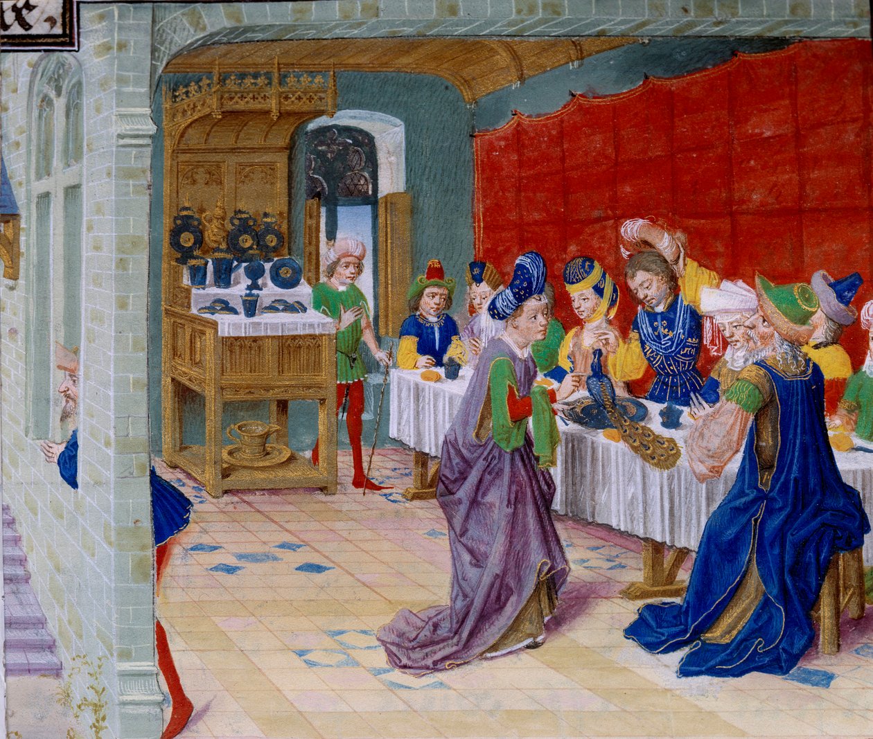 孔雀が食卓に供される饗宴の食事風景。カリステネス（Kallisthenes）の「La Vraye Histoire du Bon Roy Alixandre」から引用されたミニチュア（紀元前360～328年頃）。 作： 無名の画家