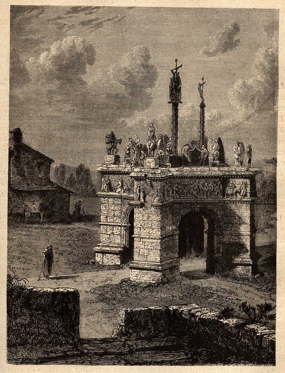 Finistere - Brittany - Le calvaire de Pleyben - Enclos paroissial de Pleyben - Pleyben Parish close - "PATRIE "のエングレーヴィング - DESCRIPTION PECTUREQUIRESSE DE LA FRANCE EN 6 VOLUES BY LUCIEN HUARD - 19世紀末 作： 無名の画家