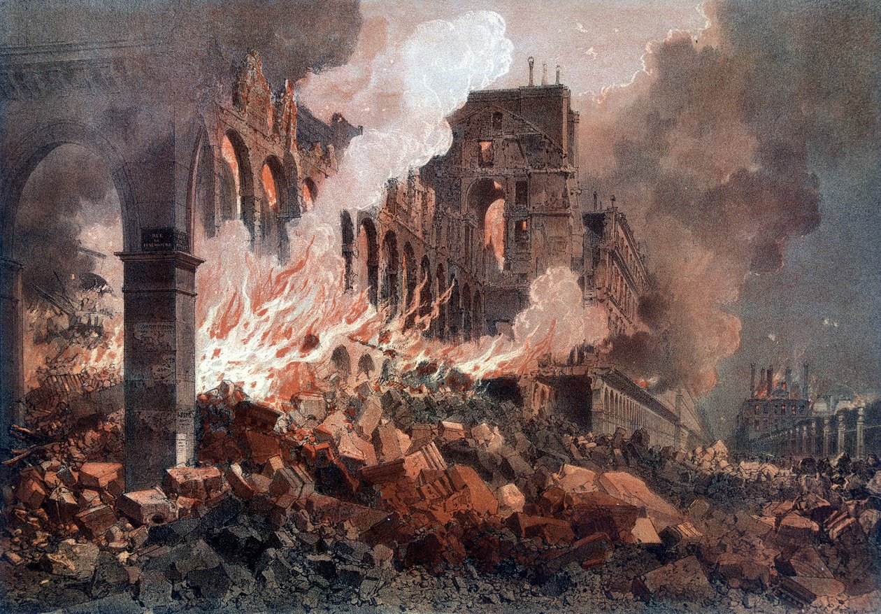 1871年5月24日の大蔵省（当時はチュイルリー）の火災 - リトグラフ、19世紀後半 作： 無名の画家