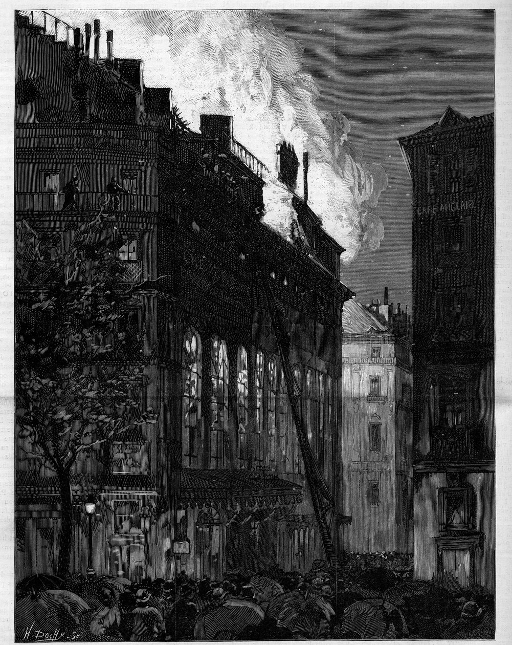 1887年5月26日、マリヴォー通りとイタリア人大通りから見たパリのオペラ・コミック(Opera-Comique)の火災。Le monde illustrious "に掲載された版画 作： 無名の画家