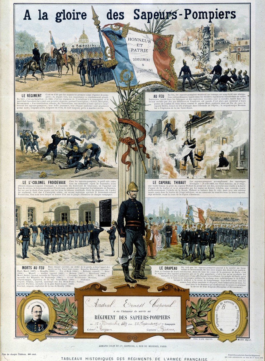 消防隊員。1890年頃の「フランス陸軍連隊の歴史的絵画」に掲載された「サプールの栄光に捧ぐ」。 作： 無名の画家