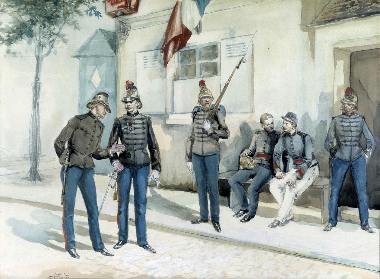 1870年、バラックの前に立つ消防士たち 作： 無名の画家