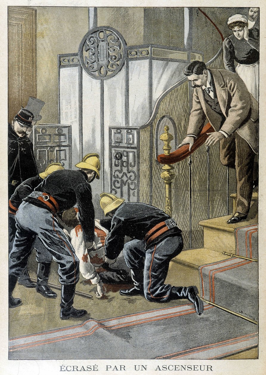 パリのビルでエレベーターに衝突した男性を救出する消防士たち。1899年の "Little Journal "のイラスト。 作： 無名の画家