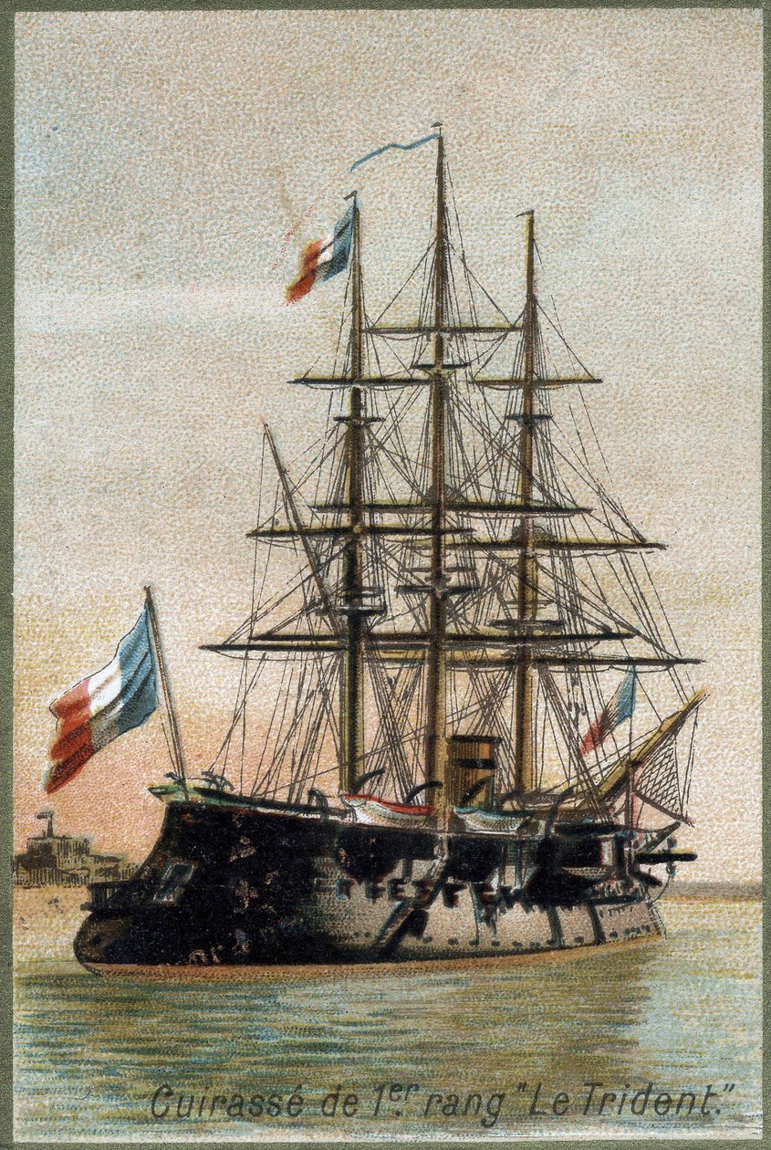 一列目の戦艦「トライデント」 1890年頃19世紀のクロモリトグラフ。 作： 無名の画家