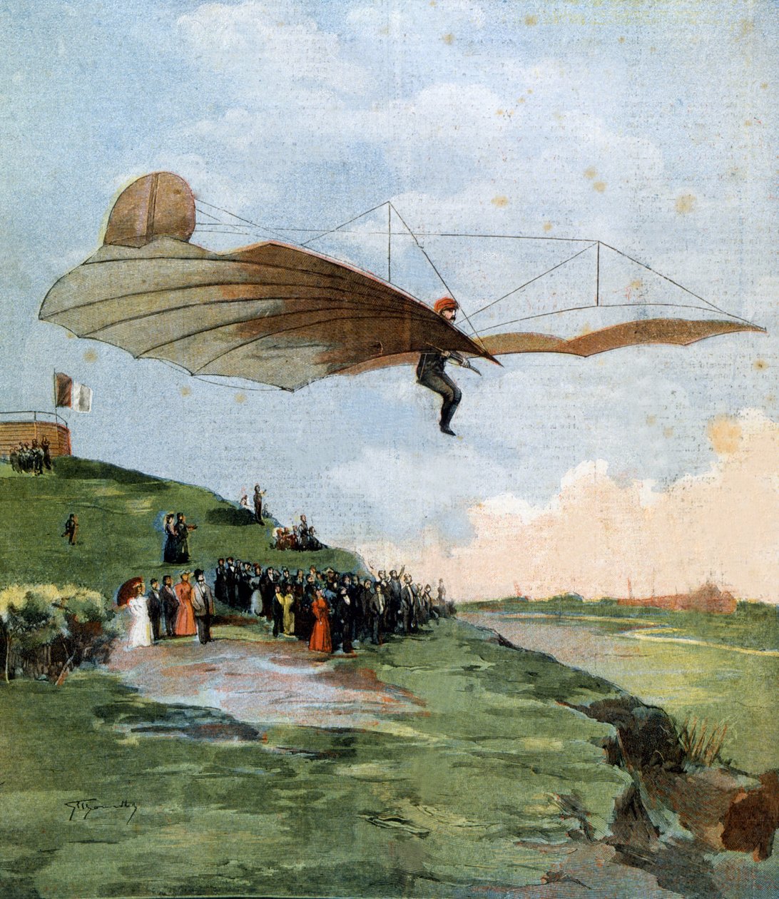 1894年、ドイツのエンジニア、オットー・リリエンタール（1848-1896）の飛行機による初の滑空実験 作： 無名の画家