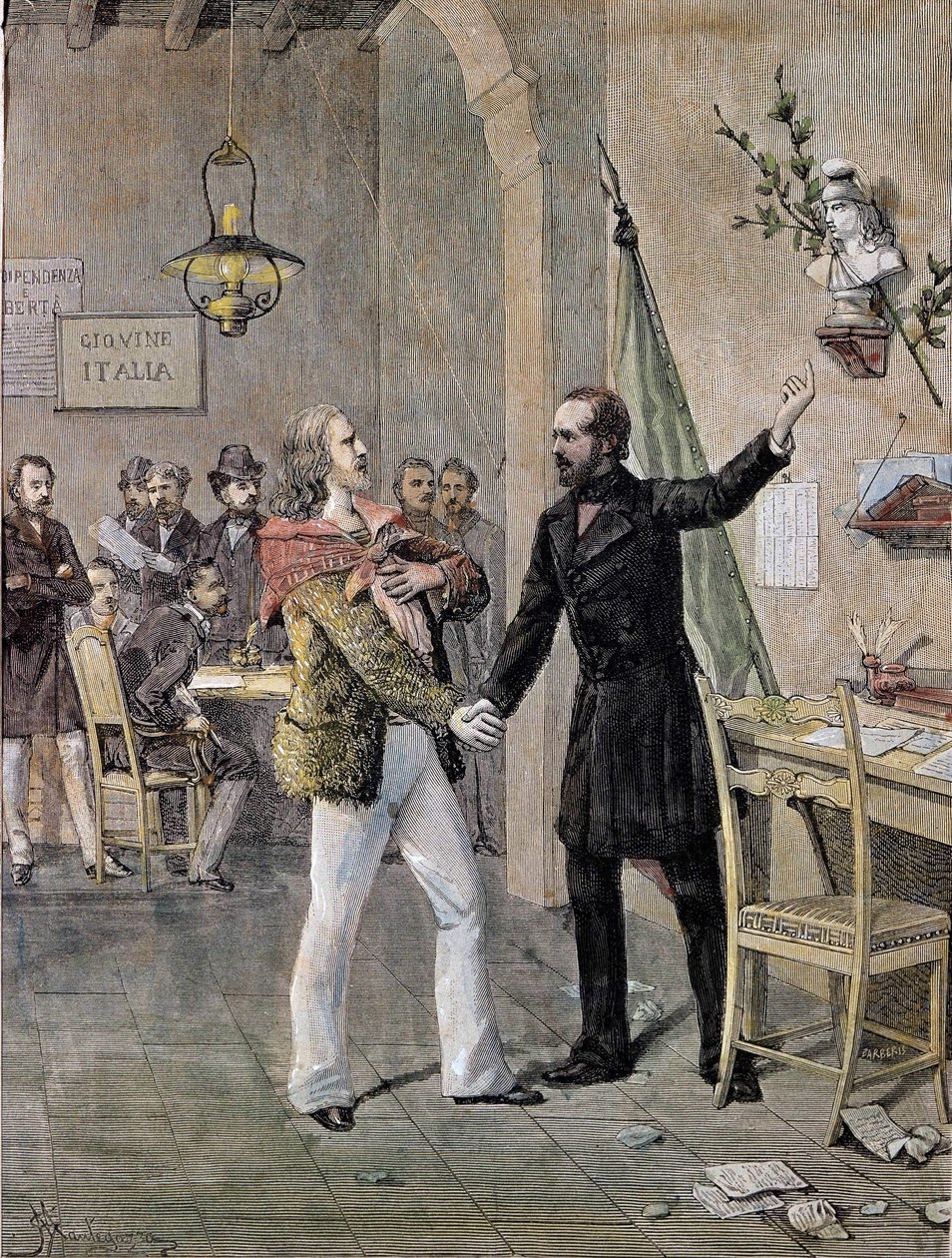 1833年にマルセイユで行われたジュゼッペ・ガリバルディとジュゼッペ・マッツィーニの初対面の様子（エングレービング 作： 無名の画家