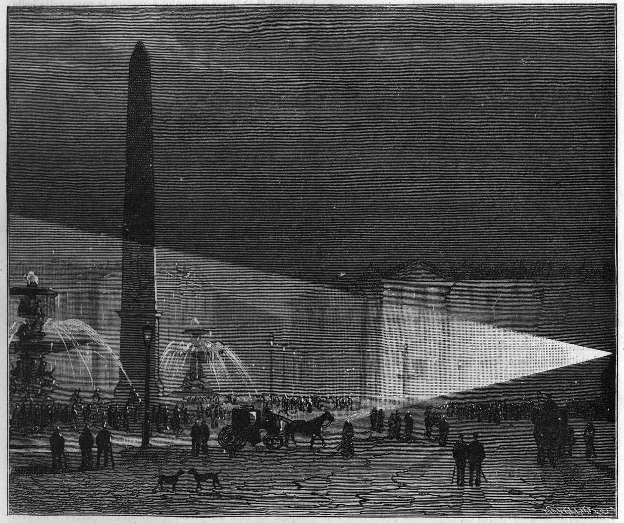1844年12月1日、パリのコンコルド広場で、ドゥルイユとレオン・フーコーが初めて一般に電気照明を体験した。科学とその芸術・産業への応用についての批評。 作： 無名の画家