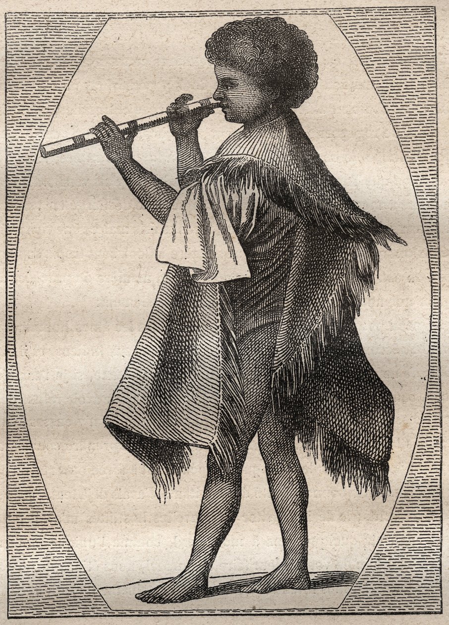 キャプテン・ジェームズ・クック（1728-1779）による第一次航海（1768-1771）。タヒチアンフルート奏者（イラストは "The Great Mariners of the 18th century "より引用 作： 無名の画家
