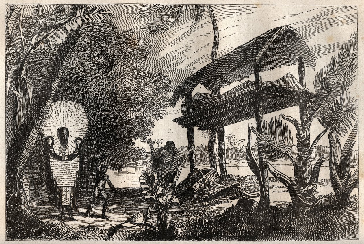 キャプテン・ジェームズ・クック（1728-1779）の第一回目の航海（1768-1771）：タヒチの埋葬建造物「フィア・トカ」-イラストは "The Great Mariners of 18th century "より引用。 作： 無名の画家