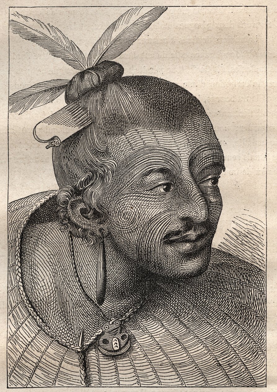 キャプテン・ジェームズ・クック（1728-1779）の第一回目の航海（1768-1771）：ネオ・ゼランディス（Neo Zelandais）の刺青された頭部 - イラストは "The Great Mariners of 18th century "より引用 作： 無名の画家
