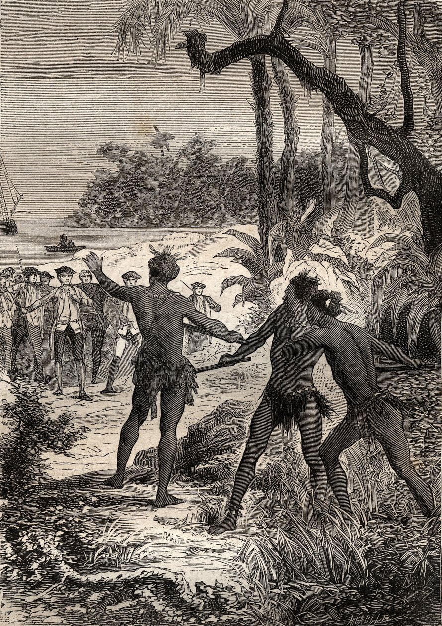 キャプテン・ジェームズ・クック（1728-1779）の第一回目の航海（1768-1771）：クックと10人の船員がニューギニアの子午線方向の海岸を航行中、3人のインディアンが大きな叫び声を上げて森の中から立ち上がった-イラストは "The Great Mariners of 18th century "より引用 作： 無名の画家
