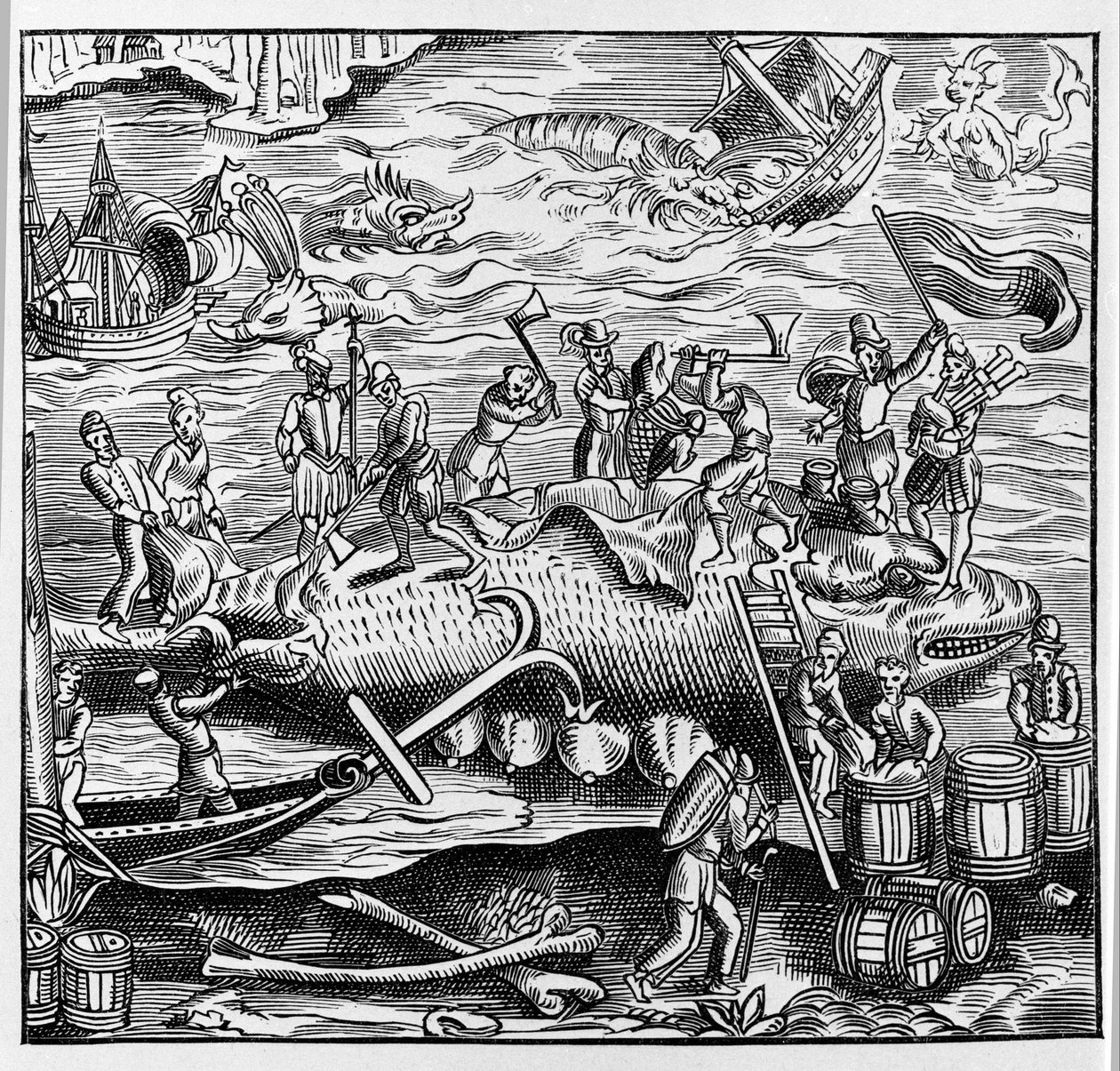 テーベの「万国宇宙誌」の木版画をもとにした漁業と捕鯨。1575年パリ 作： 無名の画家