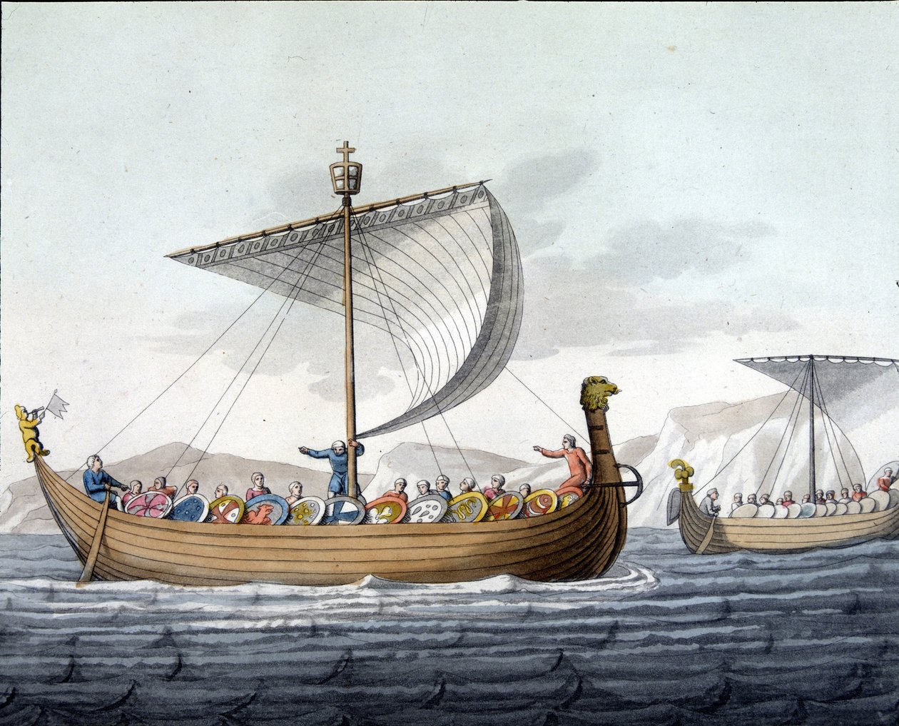 征服王ウィリアム1世（1027 - 1087）の艦隊がイングランドに向けて出航-Ferrario編「古今東西の衣装」にて。ミラノ 作： 無名の画家