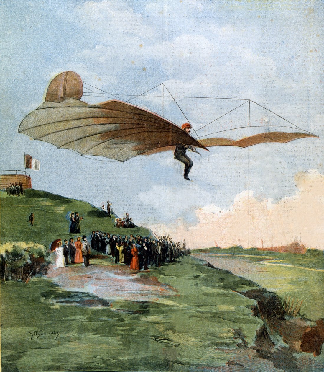 グライダーの先駆者、オットー・リリエンタール（1848〜1896）のフライト。1894. 作： 無名の画家