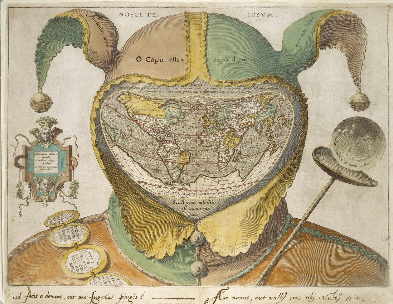 フールズ・キャップ世界地図、1590年頃（オフホワイトの紙に手彩色エングレーヴィング、アイアンガールのインクで銘がある） 作： 無名の画家