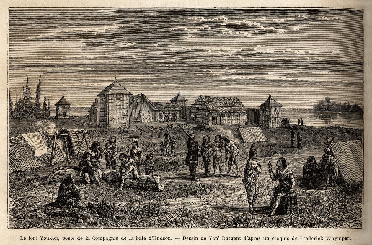 1847年に設立されたアラスカのノートン湾にあるフォート・ユーコンは、ハドソン・ベイ・カンパニーの施設で、柵の周りにはインディアンが陣取っている。フレデリックによる英領コロンビア、バンクーバー島、アラスカでの航海と冒険を説明するためのエングレーヴィング。 作： 無名の画家