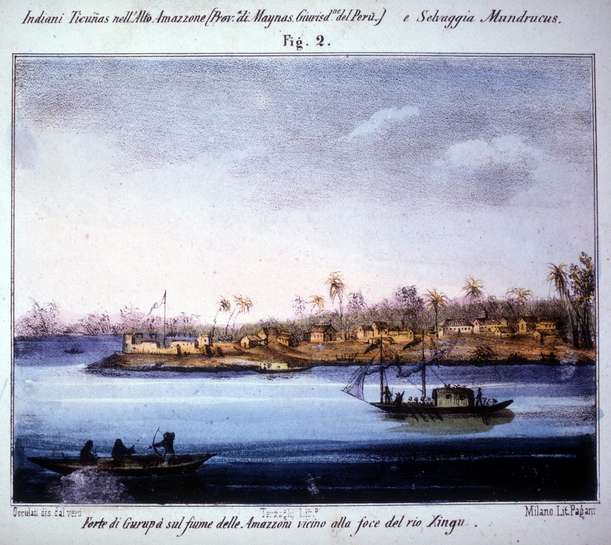 エクアドル、リオ・シングー河口近くのアマゾン川沿いにあるグルパの要塞。1846年から1848年にかけて描かれたもの。 作： 無名の画家