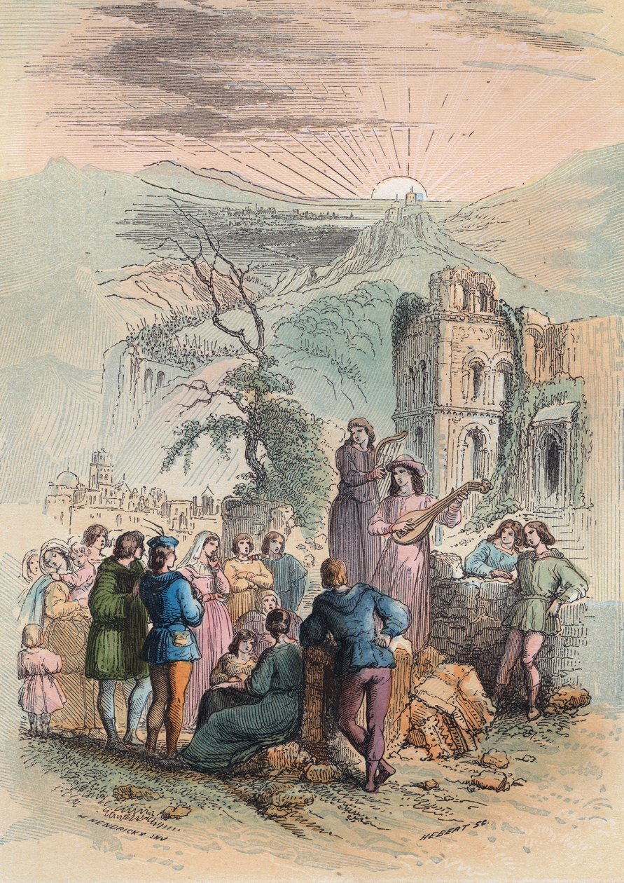 中世のフランス。十字軍に参加する刺激的な人々を探す。テオドール・ジュスト（1818-1888）の「Histoire de Belgique from the primitive times to the end of the regne of Leopold I」に掲載されている1868年のエングレーヴィング。個人蔵。 作： 無名の画家