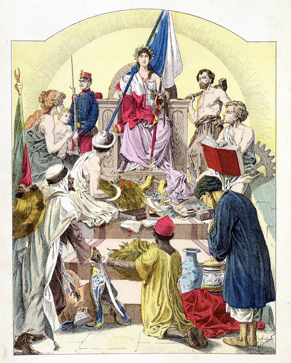 擬人化された植民地に囲まれたマリアンヌの特徴を持つフランス（E. Grobet著「Histoire de France」、1915年頃）。 作： 無名の画家