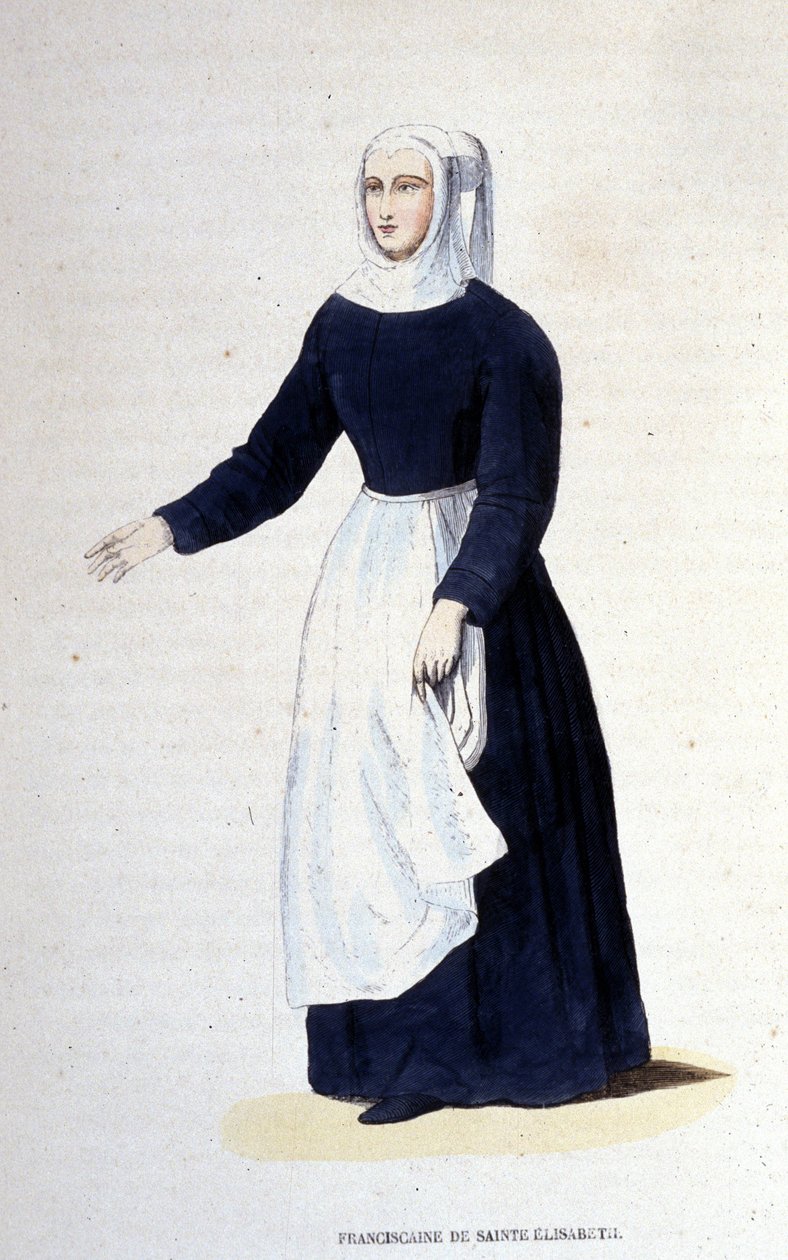 聖エリザベートのフランシスカン修道女。ハンガリーの聖エリザベート（1207年〜1231年）が設立した修道会。19世紀のエングレーヴィング。 作： 無名の画家