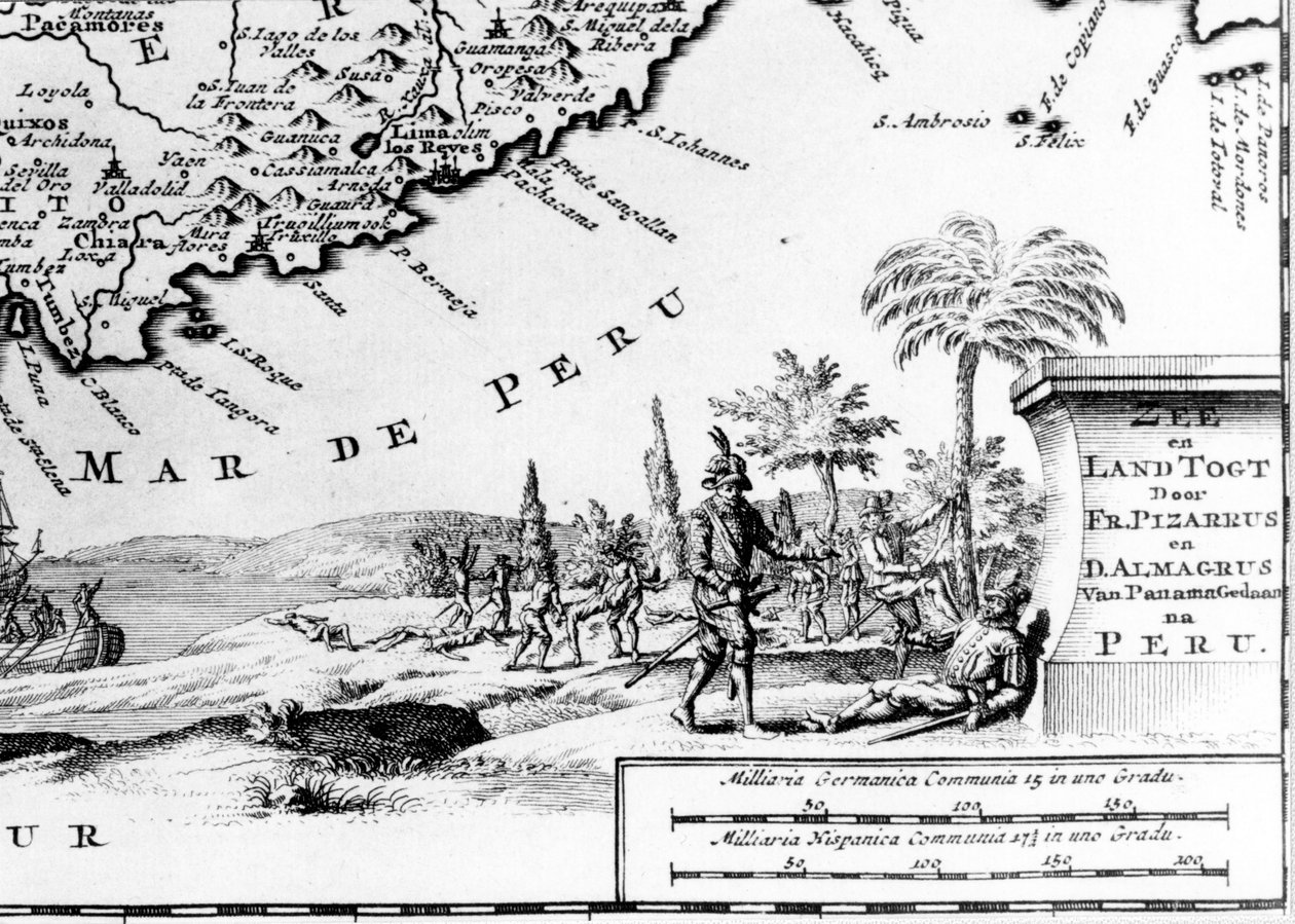 フランシスコ・ピサロ（フランソワ・ピサロ）がペルーの地図に描かれている。17世紀には 作： 無名の画家