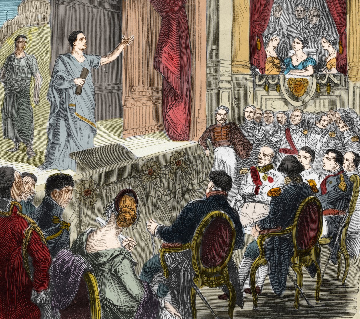 Francois-Joseph (Francois Joseph) Talma (1763 - 1826), französischer Komödiant, spielt „Der Tod des Cäsar“, Tragödie in drei Akten von Voltaire in Erfurt vor einem Parterre von Königen, darunter Napoleon I. und Alexander I., Zar von Russland (1777-1825). G von Unknown artist