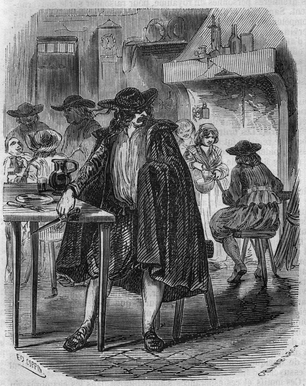 フランソワ・ラヴィアック（1578-1610） ヘンリー4世の暗殺者が宿屋でヘンリー4世を刺すためのナイフを飛ばしている様子 - 19世紀のエングレーヴィング 作： 無名の画家