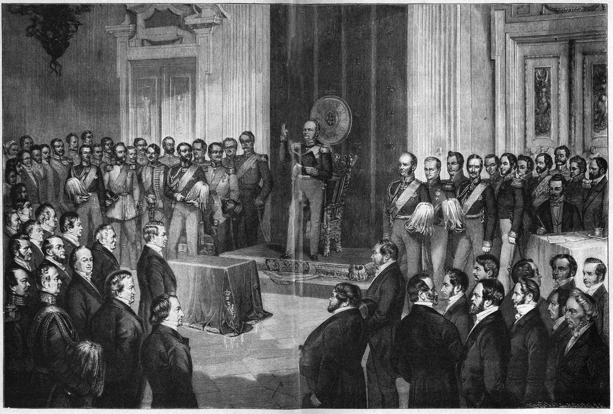 憲法について宣誓するプロイセン王フリードリヒ・ウィリアム4世（1795-1861）、1850年2月6日、Paul Buerdeによる木版画 作： 無名の画家