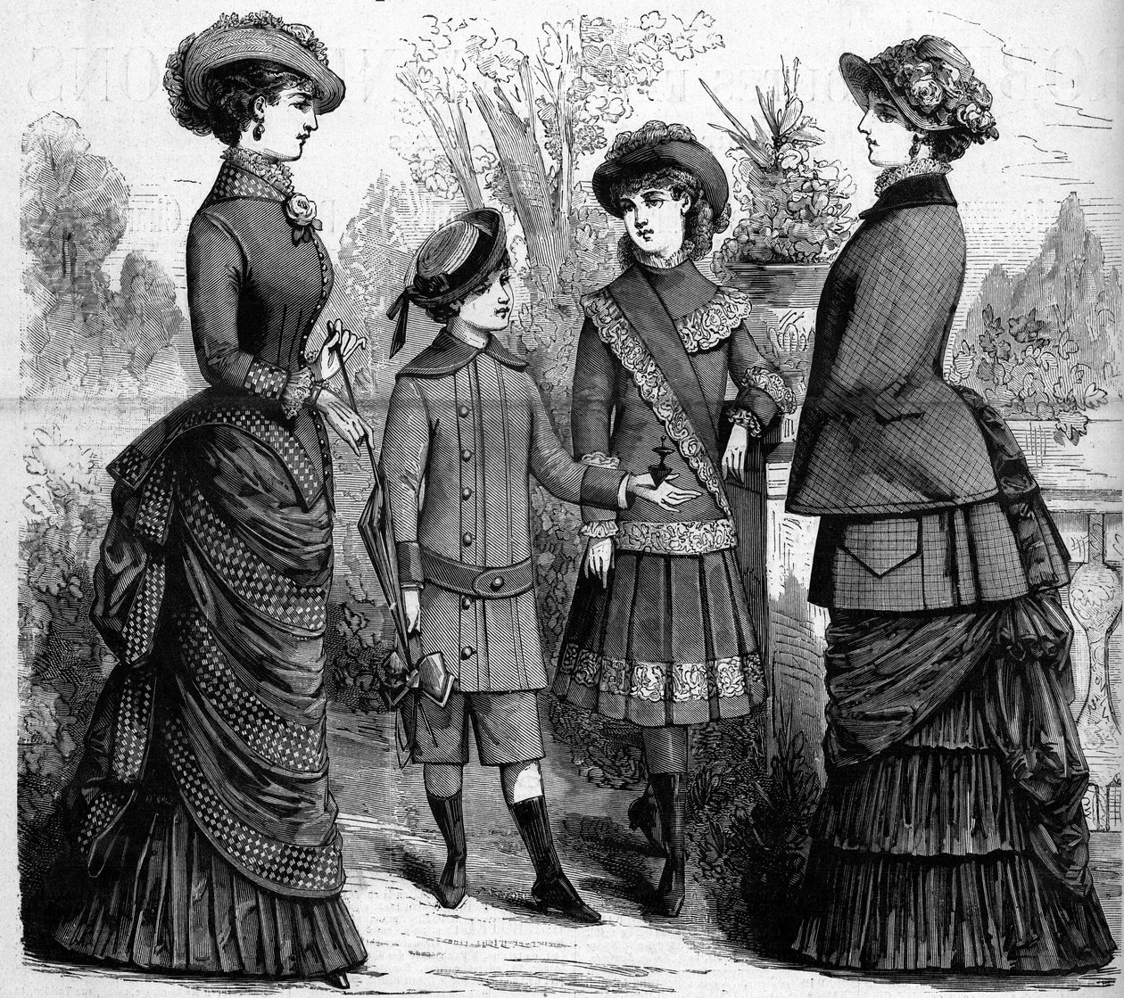 19世紀のフランスのフェミニン＆チャイルドファッション。1882年の広告。1882年3月11日付「The Illustrous World」1302号に掲載されたエングレーヴィング。 作： 無名の画家
