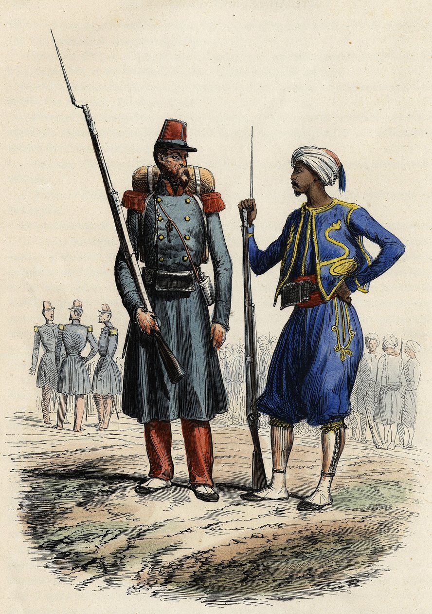 フランスの軍服。左は1831年に結成されアルジェリアに派遣された外国人