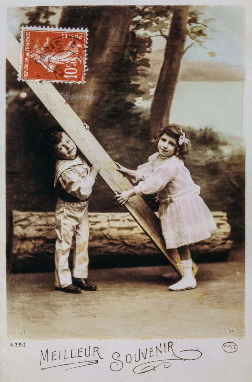 1990年、遊ぶ少年少女を描いたフランスの絵葉書（写真） 作： 無名の画家
