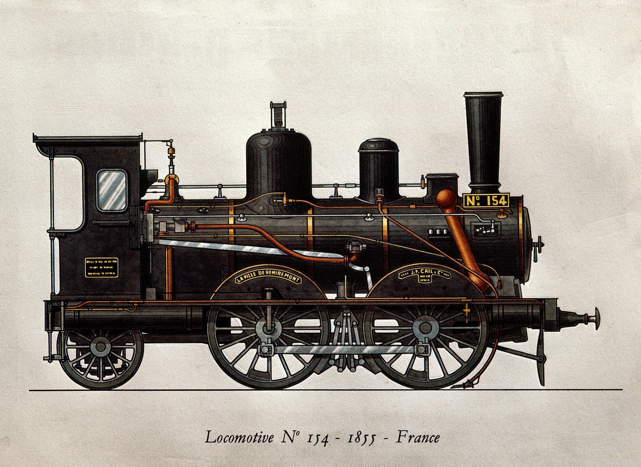 フランスの列車。1855年の機関車Numero 154。エングレービング