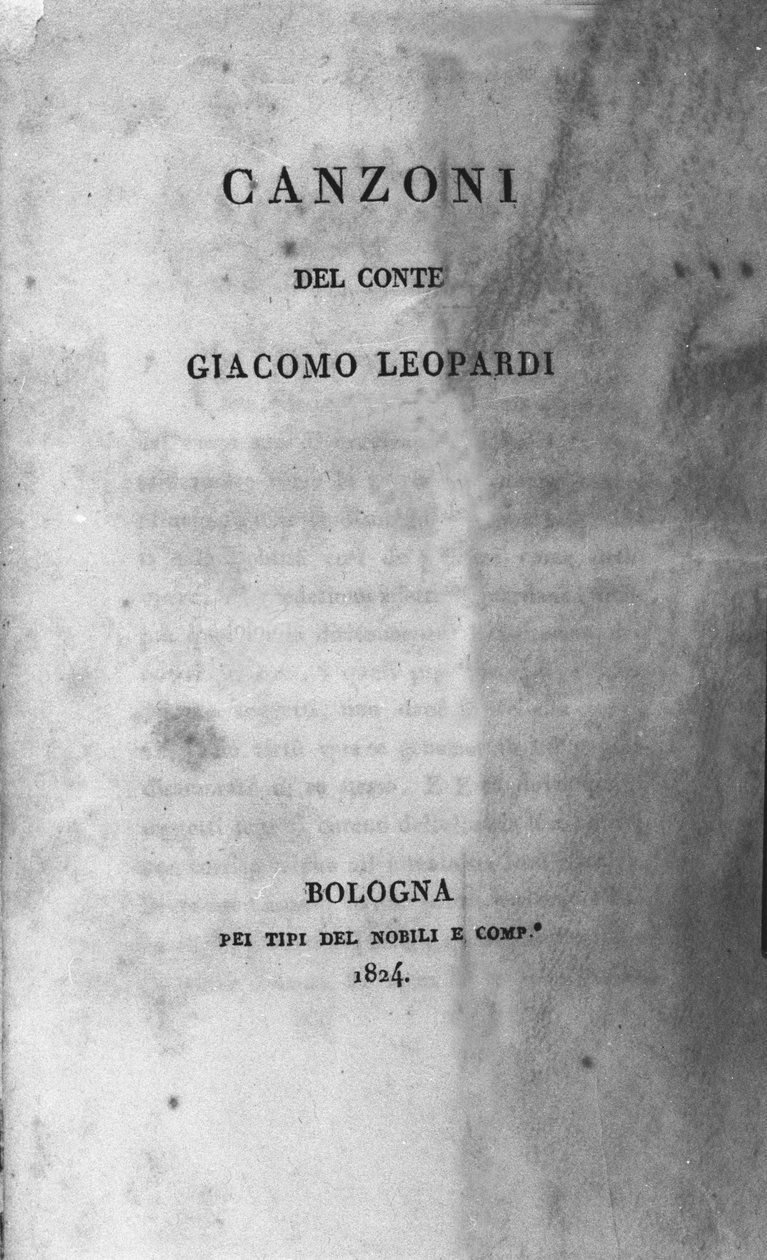 イタリアの詩人ジャコモ・レオパルディ（1798～1837）の「カンツォーニ（聖歌）」の扉（1824年）。 作： 無名の画家
