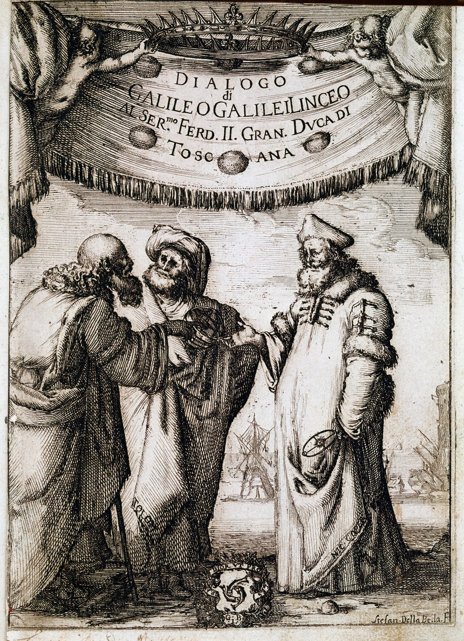 1620年頃、教皇ウルバン8世が天文学者・物理学者のガリレオ・ガリレイ（1564-1642）に依頼し、1632年に出版された「世界の二つの偉大なシステムに関する対話」（dialogo sopra i due massimi sistemi del mondo）の正面図。それは 作： 無名の画家
